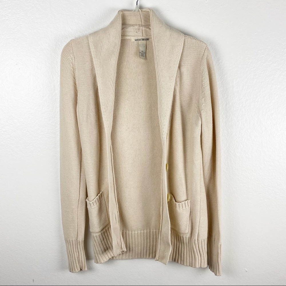 LUCKY BRAND 100% Cotton Cream Two Front Button Knit Double Pocket Cardigan